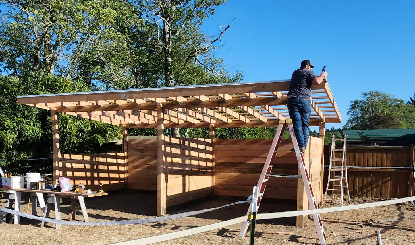 12'x24' horse shelter kit with 16'x28' galvanized Delta rib metal roof